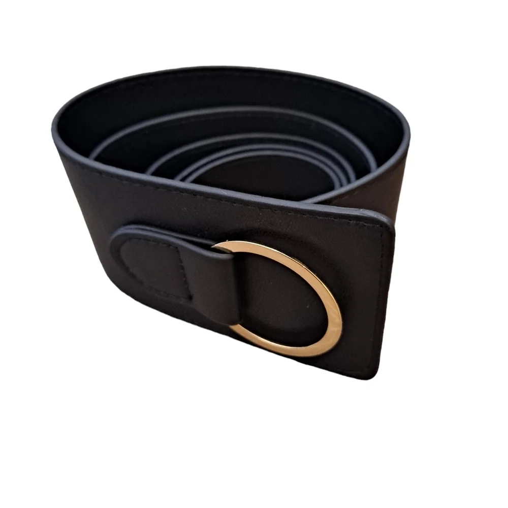 Black Wide Waist Belt with Gold Ring Accent
